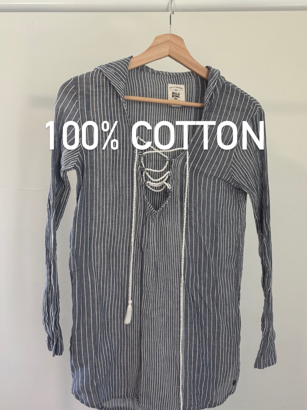 Billabong Navy and White Striped Lace-Up Hoodie Tunic | 100% cotton | size S